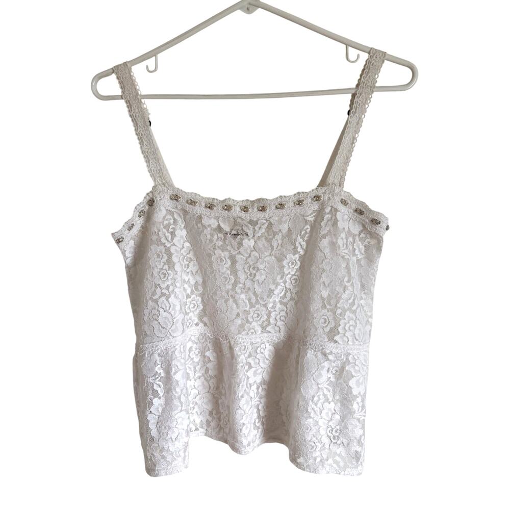 VTG Y2K Abercrombie & Fitch White lace Cami Beaded Sheer Large McBling Coquette